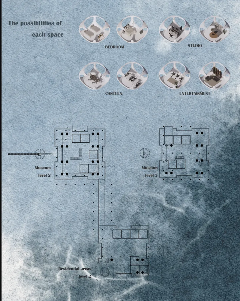 Plan drawing with axonometric vignettes illustrating programmatic possibilities for bedroom, studio, canteen, and entertainment spaces