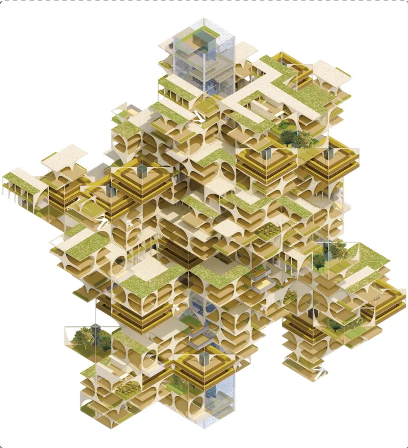Exploded axonometric showing stacked floor plates with planted terraces and arched openings throughout multiple levels