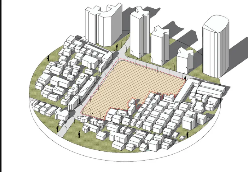 Axonometric drawing showing a central plaza surrounded by low-rise housing blocks and high-rise towers