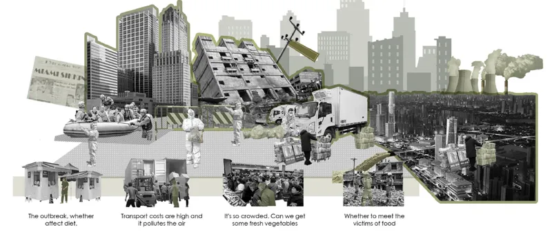 Collage drawing combining urban elements including towers, delivery trucks, produce markets and residential blocks