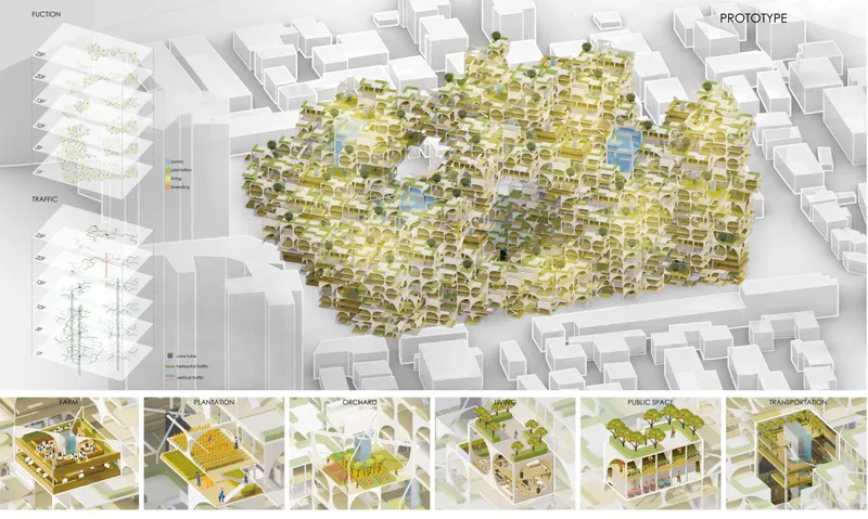 Rendered site model with a terraced structure covered in vegetation among white massing blocks