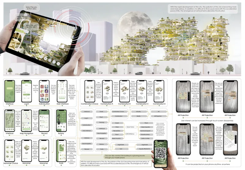 Presentation board showing mobile app interface mockups and building elevation with planted terraces under moonlight