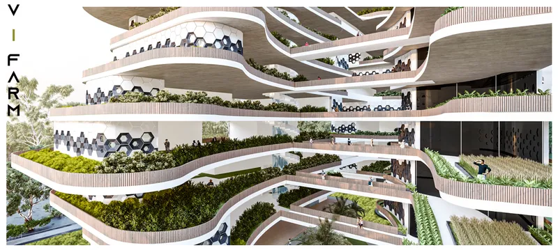 Section perspective showing stacked floor plates with continuous planted terraces and exposed concrete soffits