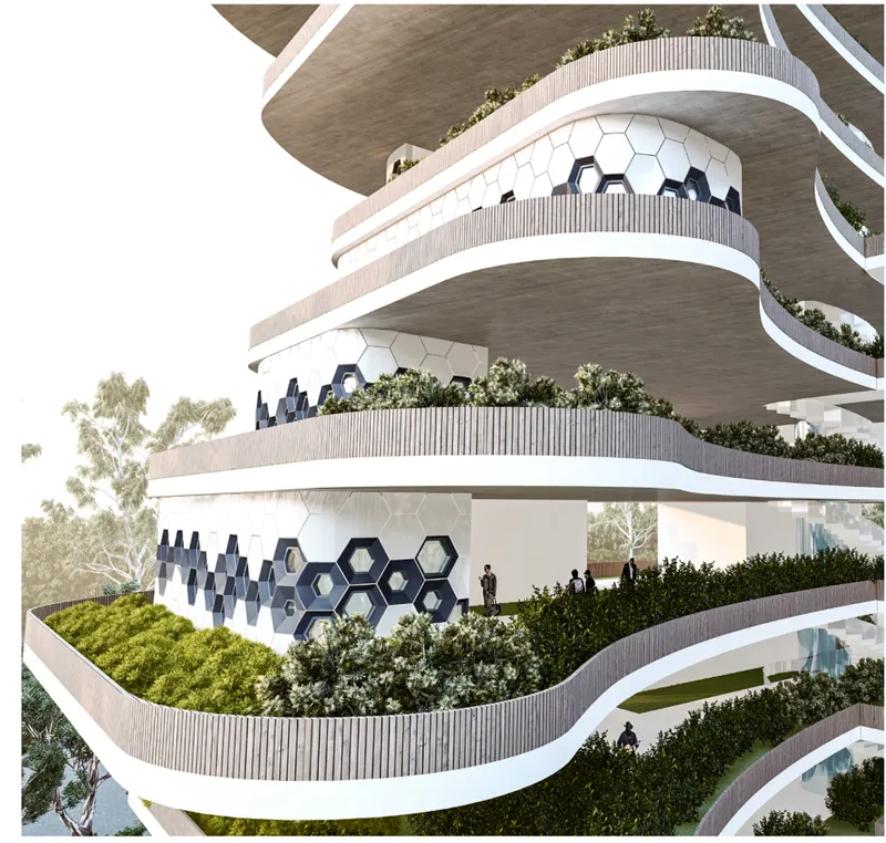 Corner detail of curved balconies with hexagonal facade panels, vertical slat railings, and planted edges