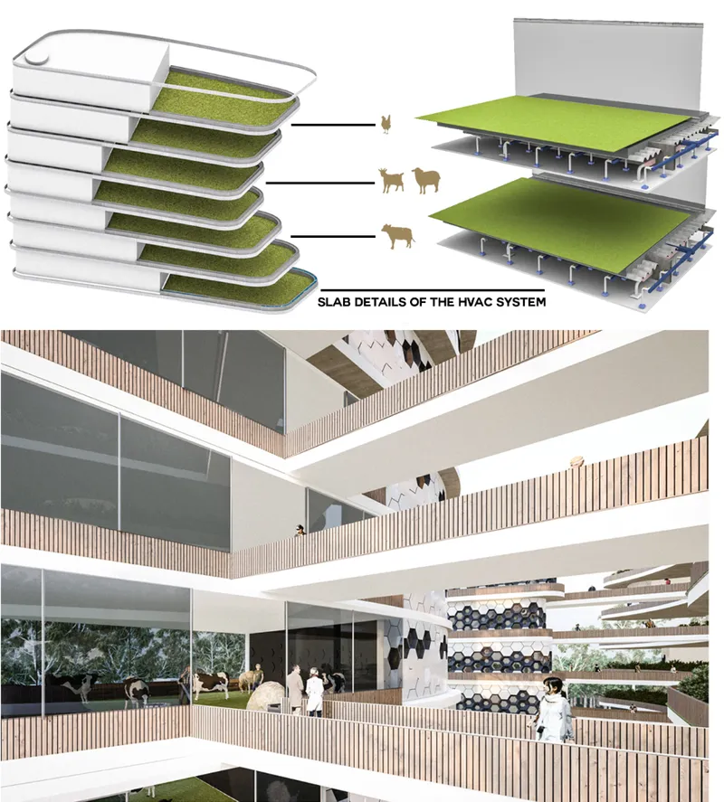Technical diagram and interior rendering showing green roof slabs with integrated HVAC systems and timber slatted balustrades