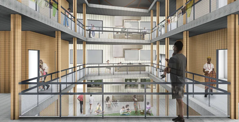 Section view showing the multi-story atrium with chequered brick walls and mesh-paneled bridges