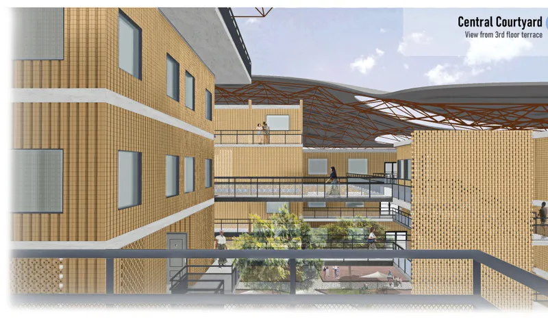 Section view of the central courtyard with planted terraces and a latticed timber roof canopy