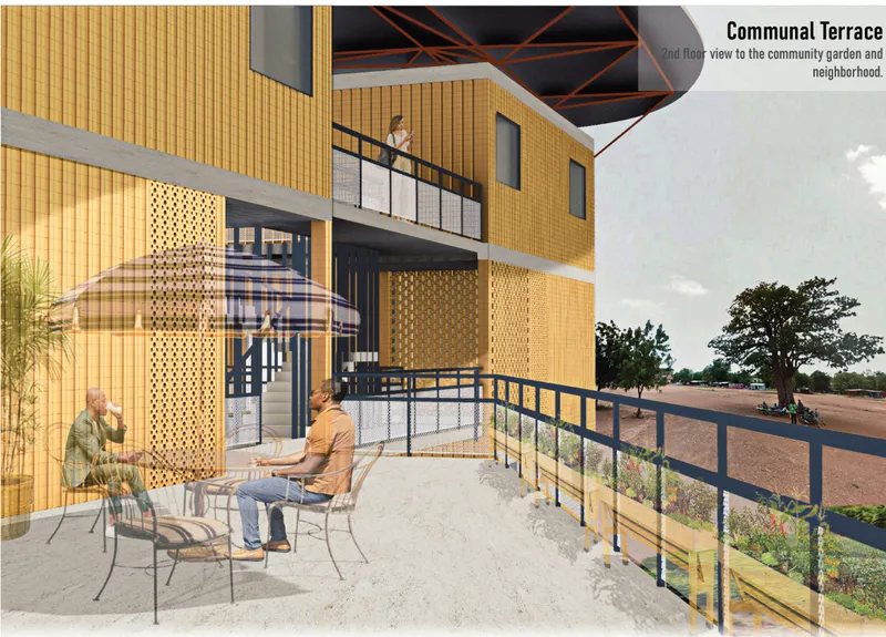 Terrace view with residents at a table beside perforated brick screens and planted beds