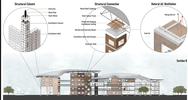 Building section drawing with detail callouts for structural columns, roof connections and natural ventilation systems