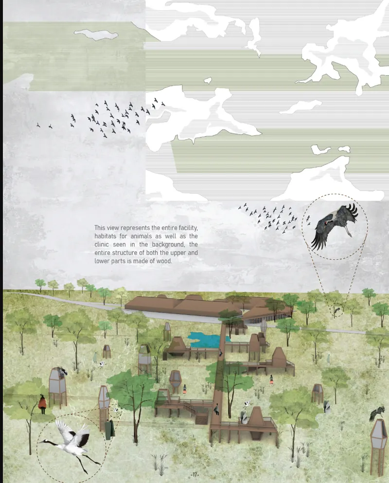 Axonometric drawing of the timber clinic complex nestled among trees with birds and wildlife circling above