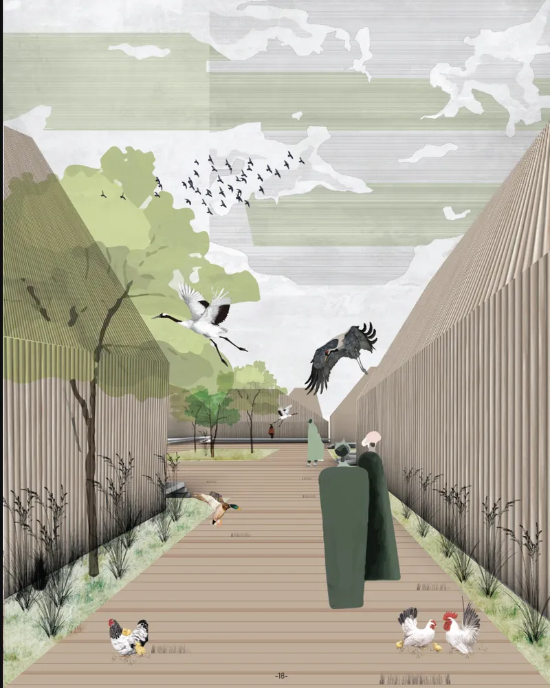 Rendered view along a timber boardwalk flanked by vertical wood screening with chickens and native vegetation