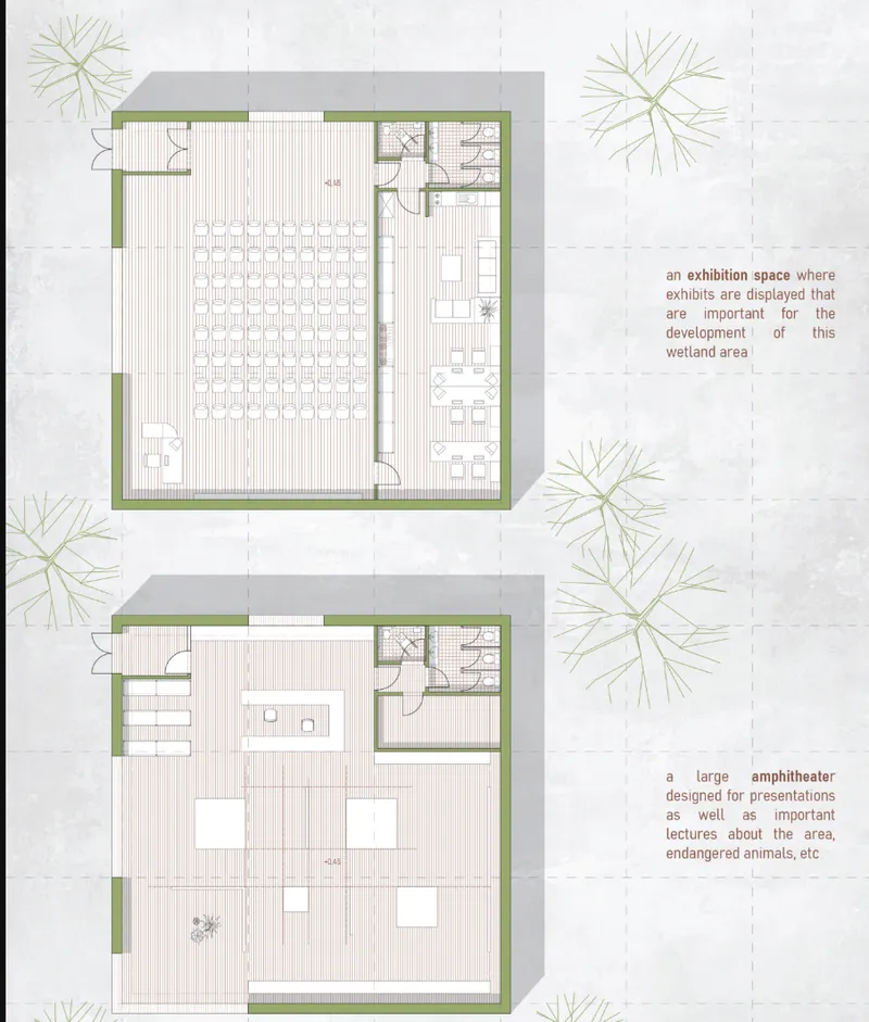 Floor plan drawing showing exhibition hall with seating and amphitheater space surrounded by native plantings
