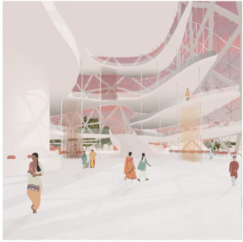 Interior rendering of multilevel public space with suspended floor plates and visitors in traditional dress