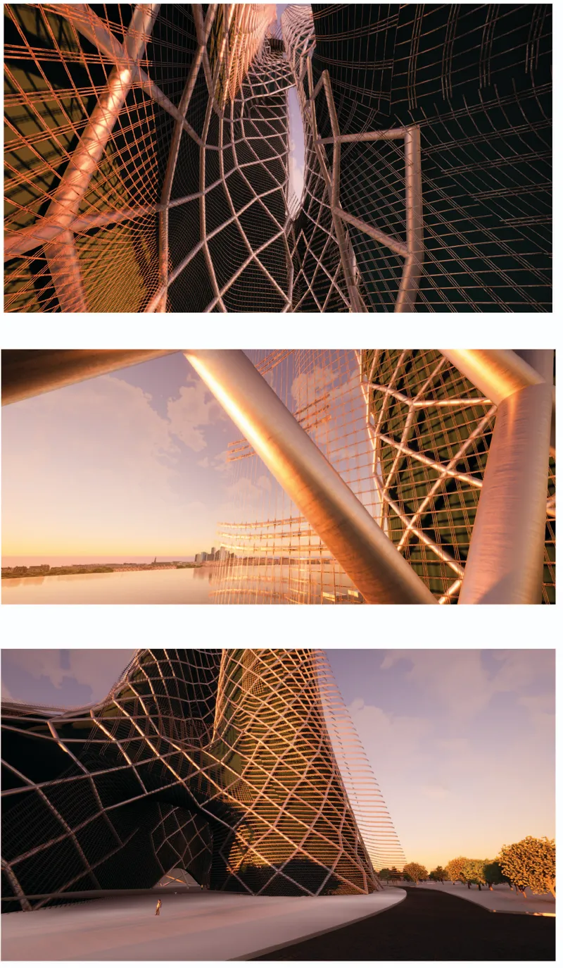 Close-up view of the diagrid facade with triangulated metal mesh panels illuminated by warm interior lighting