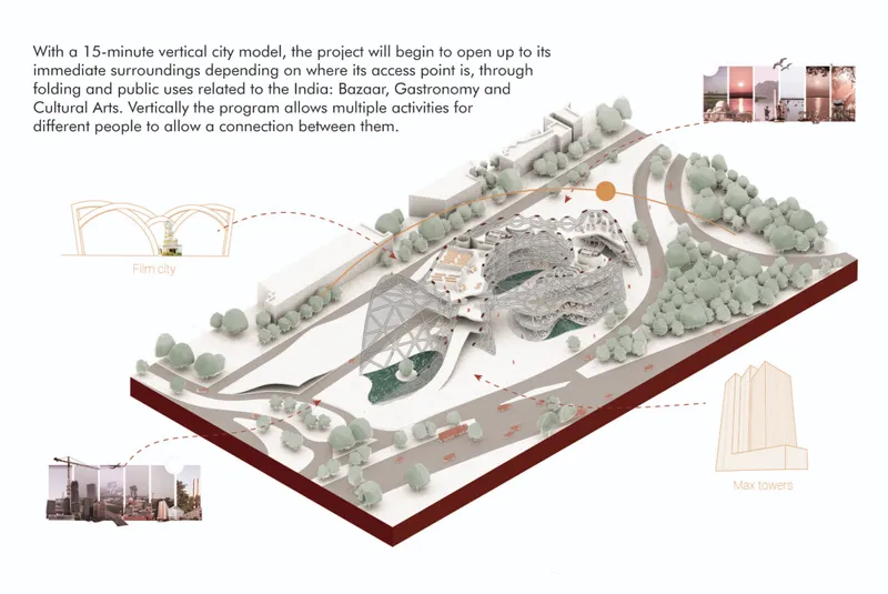 Axonometric diagram showing a vertical mixed-use development with surrounding landscape and circulation paths