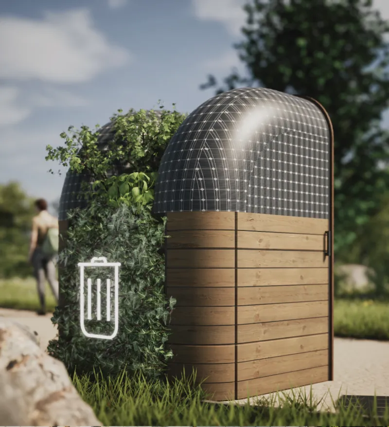 Solar panel barrel vault roof atop timber-clad waste bin structure with vertical green wall and pedestrian passing
