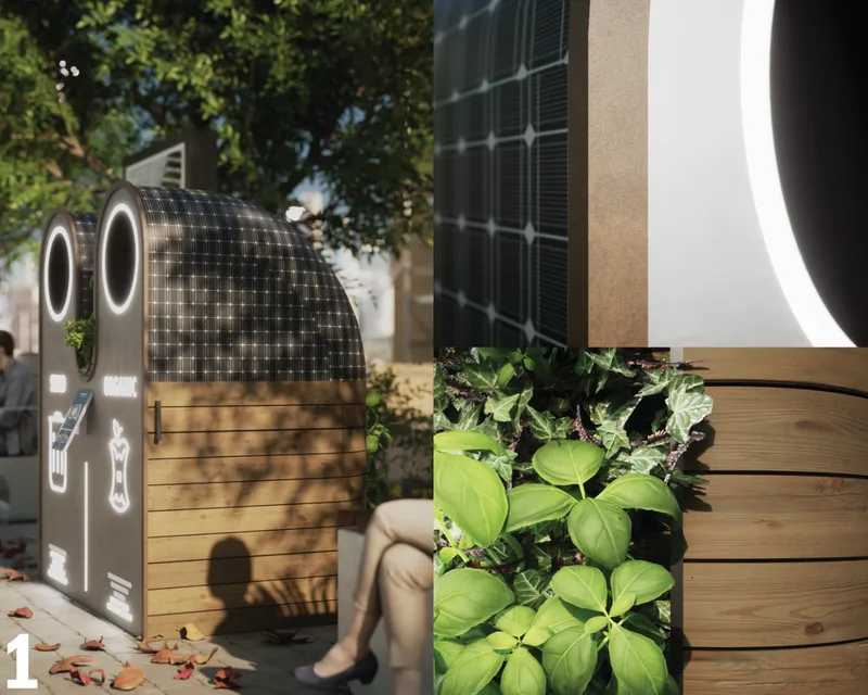 Composite of timber cladding, solar panel detail, circular illuminated openings, and planted wall with leafy greens