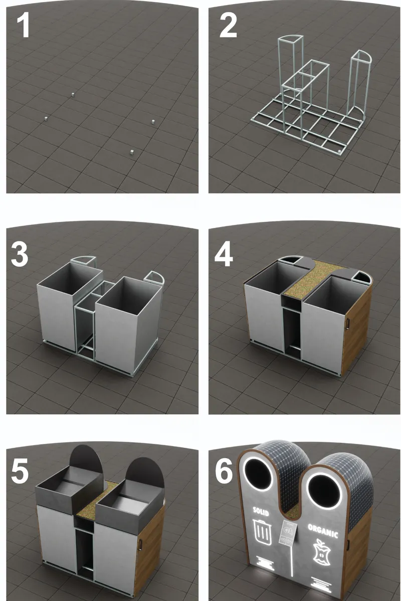 Axonometric diagram sequence showing assembly of dual-compartment waste receptacle with curved solar panel roof and timber cladding