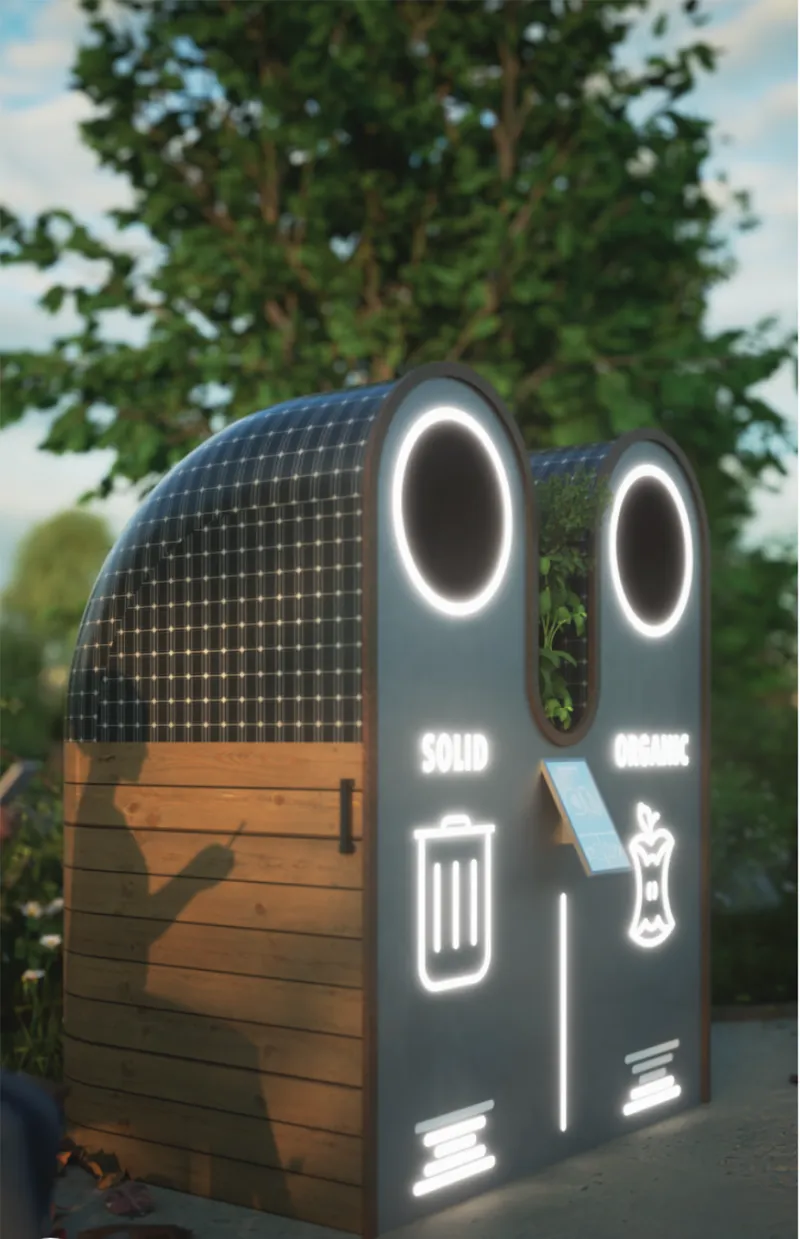 Twin illuminated waste receptacle openings with labeled sorting icons beneath curved solar panel roof at dusk