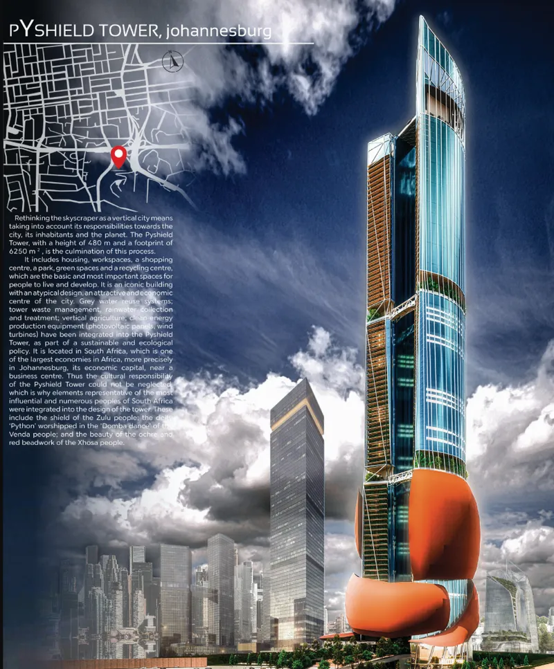 Rendering of the tower with glass and orange curved base under dramatic storm clouds