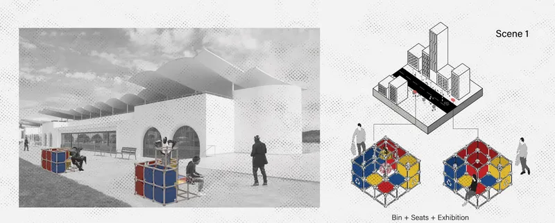 Interior rendering of exhibition space with colorful modular bins and isometric diagram of urban installation scenario