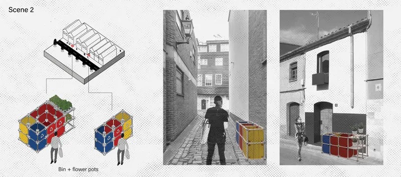 Composite image showing narrow alley view with person and axonometric diagrams of modular bin configurations