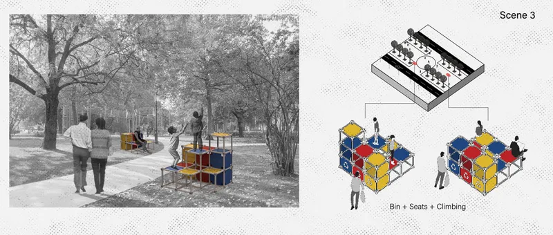 Park setting with couple approaching colorful modular seating bins among bare winter trees