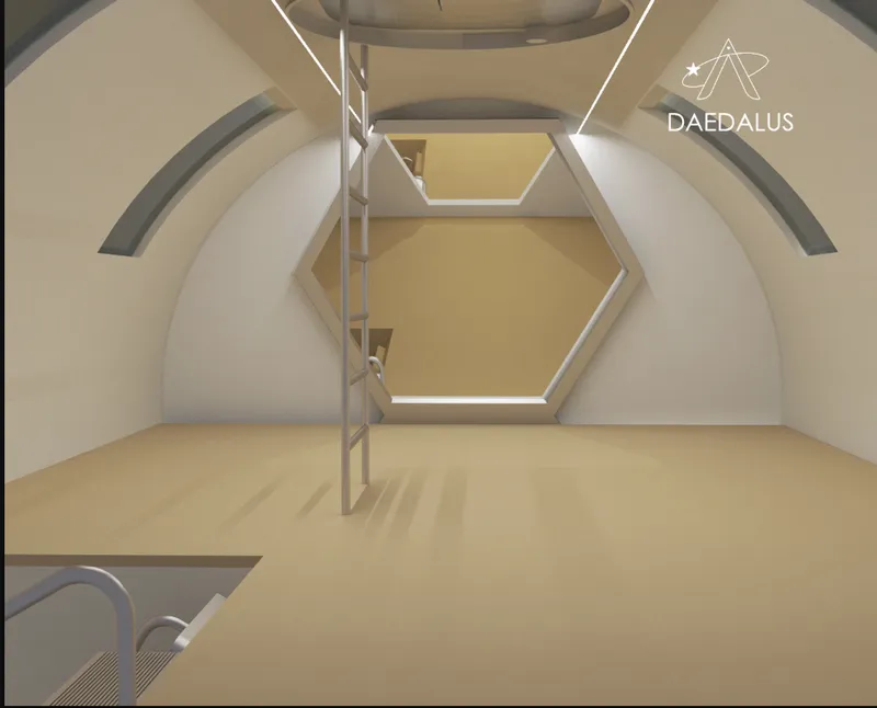 Interior view of the curved module with beige walls, hexagonal ceiling hatch and metal ladder