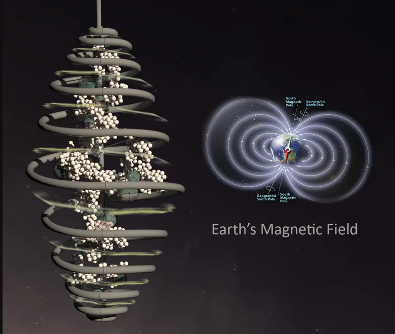 Diagram showing the spiral structure with white spherical modules distributed along curved grey discs against a dark background