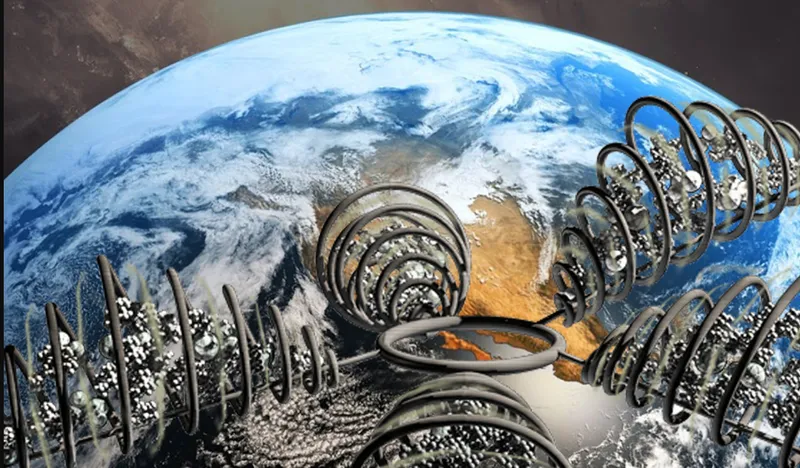 Rendering of the spiral habitat with populated grey discs emerging from Earth's cloud-covered surface