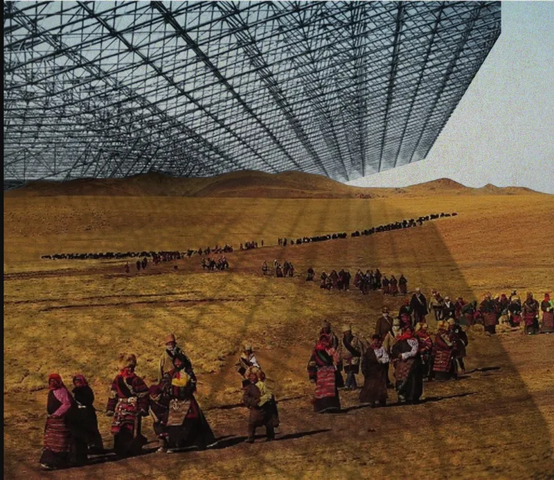 Collage of a curved steel lattice canopy hovering above a procession crossing golden desert hills