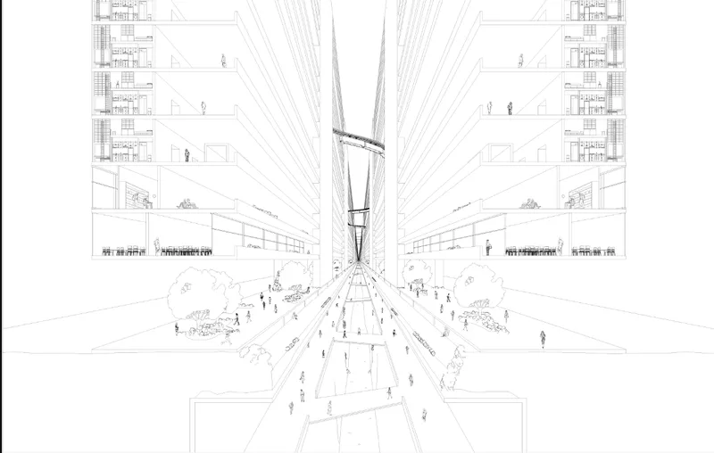 Perspective section drawing showing a linear plaza flanked by residential blocks with figures and trees