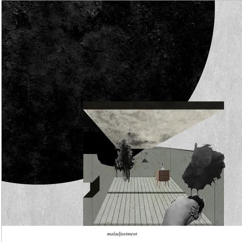 Collage drawing combining concrete planes, timber decking, and abstract figures beneath dark organic forms