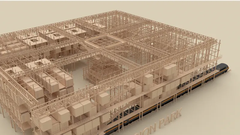 Axonometric model showing the exposed timber frame structure with interior volumes and a train platform