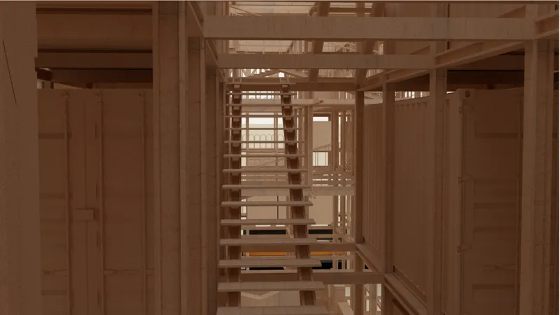View through layered timber columns and open tread stairs framing multiple interior levels