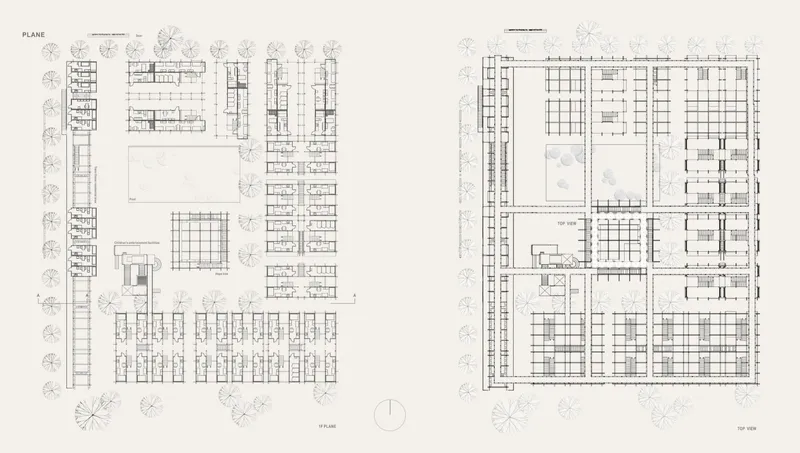 Floor plan drawings showing the grid layout with courtyards and surrounding tree symbols