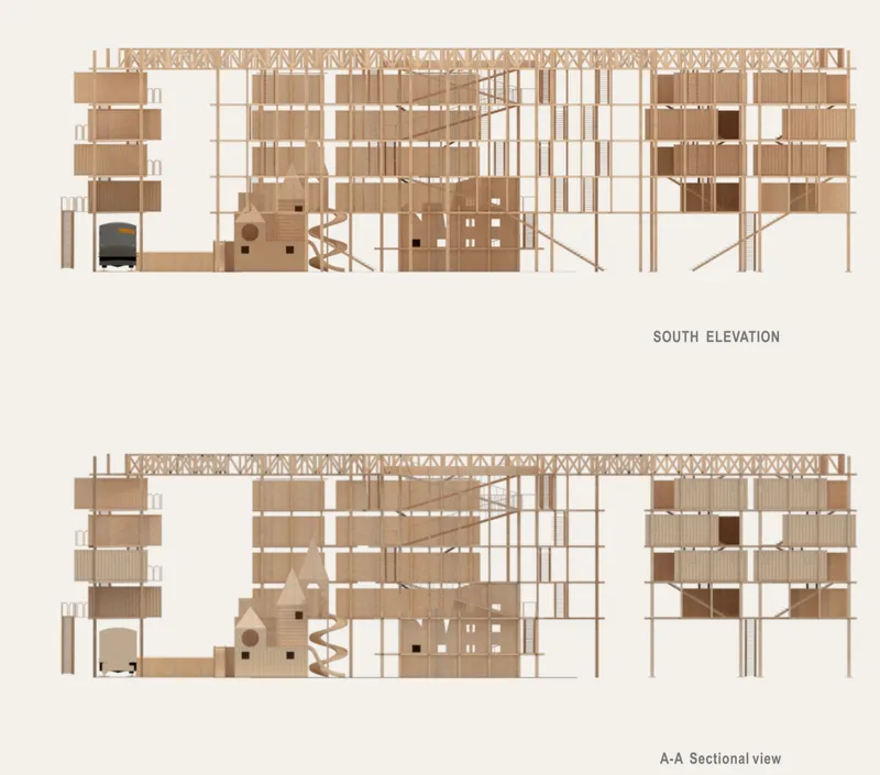 South elevation and sectional drawing depicting the layered timber frame with spiral stair and volumes