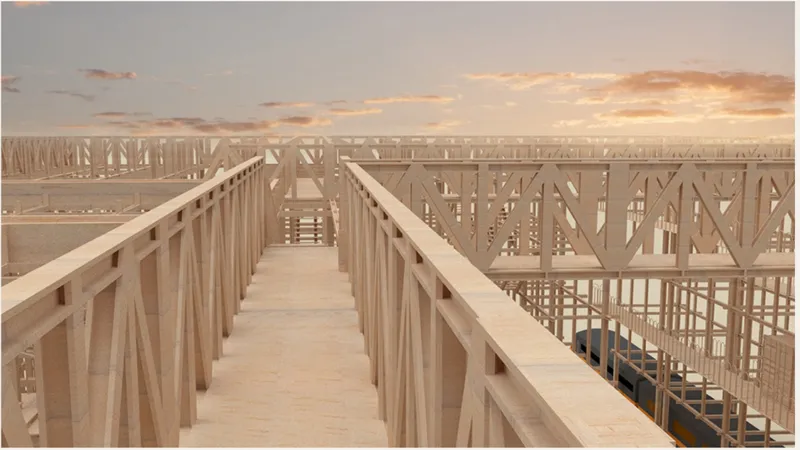 Elevated timber walkway with diagonal braced railings stretching toward the horizon at dusk