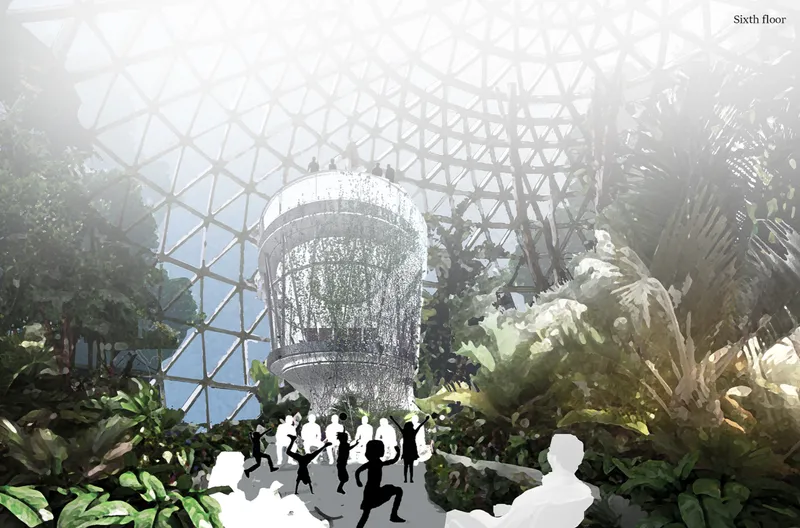 Interior view of the atrium space with triangulated glass roof, hanging chandelier, and dense tropical plantings in mist