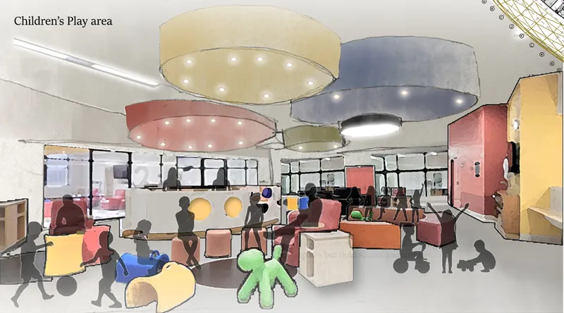 Rendered interior perspective of the children's play area with colored circular ceiling elements and figures seated throughout