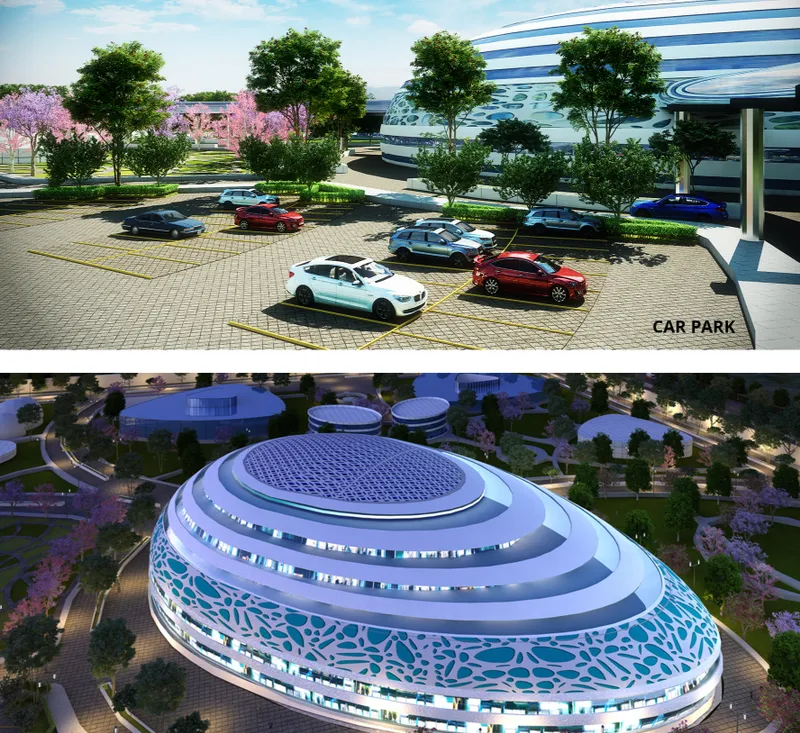 Parking area with vehicles beneath trees and view of the oval dome with patterned blue facade in spring bloom