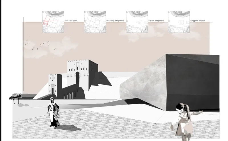 Rendered elevation showing layered geometric volumes and a paved plaza with two figures casting shadows