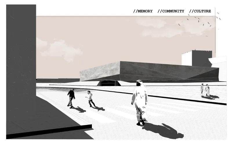 Eye-level perspective of a paved courtyard with three figures walking under a soft sky