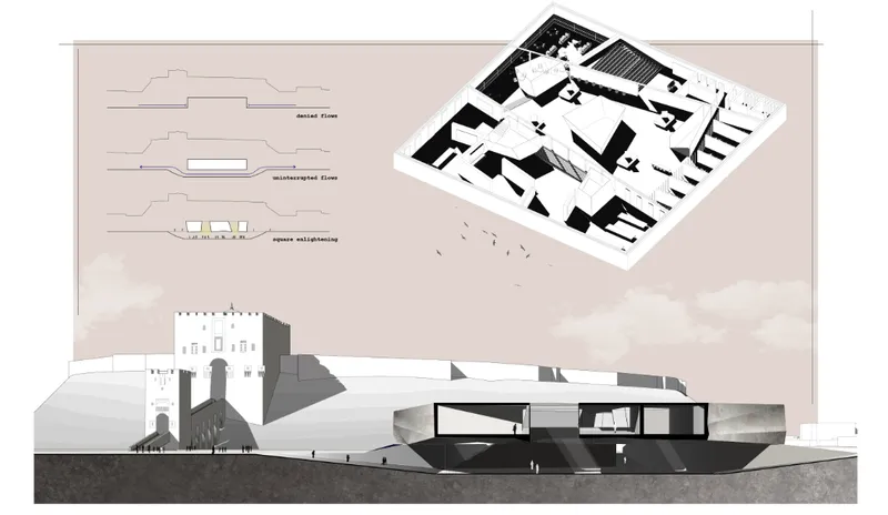 Section drawing with plan inset showing terraced volumes adjacent to a historic fortified structure