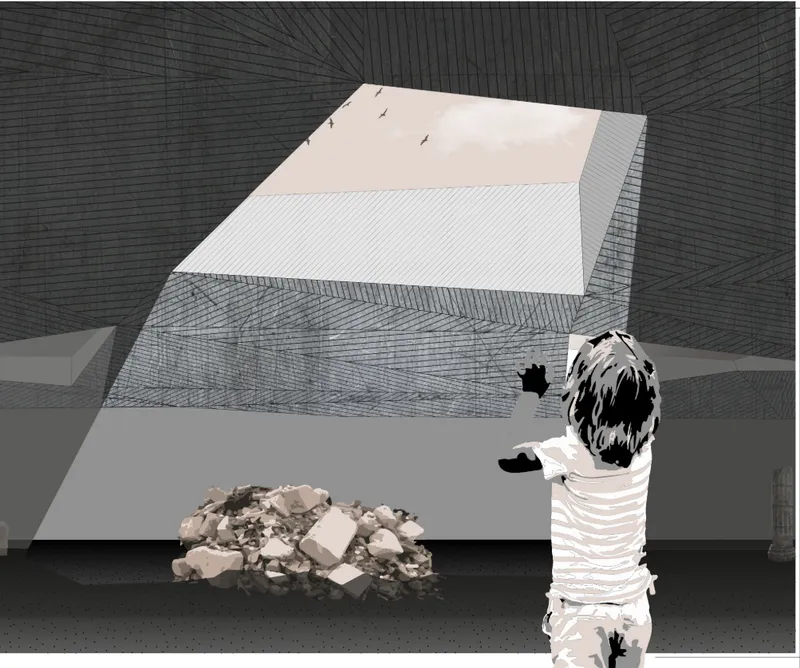 Interior perspective showing a child facing a stepped platform with rubble beside a textured wall