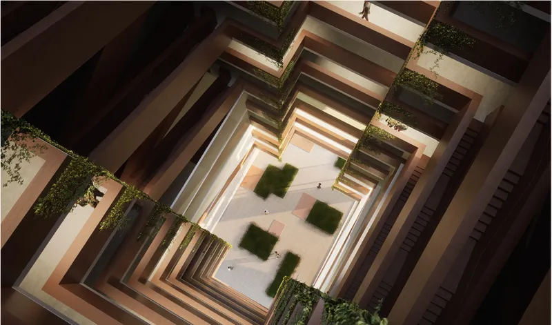 Overhead view into the terraced courtyard with planted boxes and figures on the paved floor