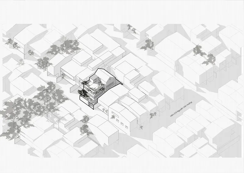 Axonometric drawing showing a residence with courtyard and planted terraces within a surrounding neighborhood context