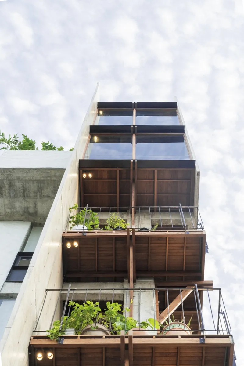 Upward view of timber balcony screens with planted beds and overhead power lines crossing the frame