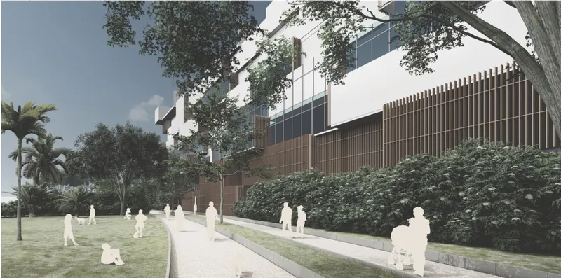 Street view of the stepped facade with vertical timber screens and people gathering on the lawn