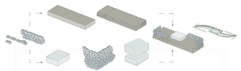 Axonometric diagram illustrating the assembly sequence of building components and massing volumes